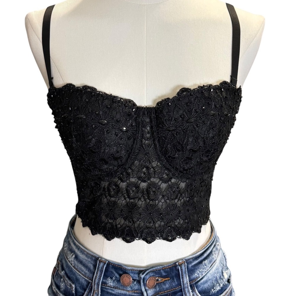 Black Beaded Lace Bustier Corset Top Small Underwire Gothic, Rave, Festival
